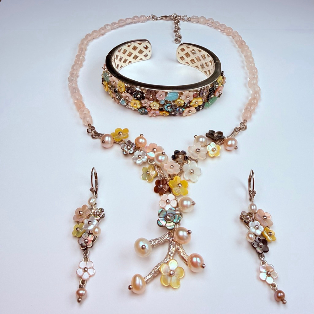 Whitney Kelly Rose Quartz MOP Pearl Mosaic Flower Sterling Silver 925 Necklace - Picture 11 of 12